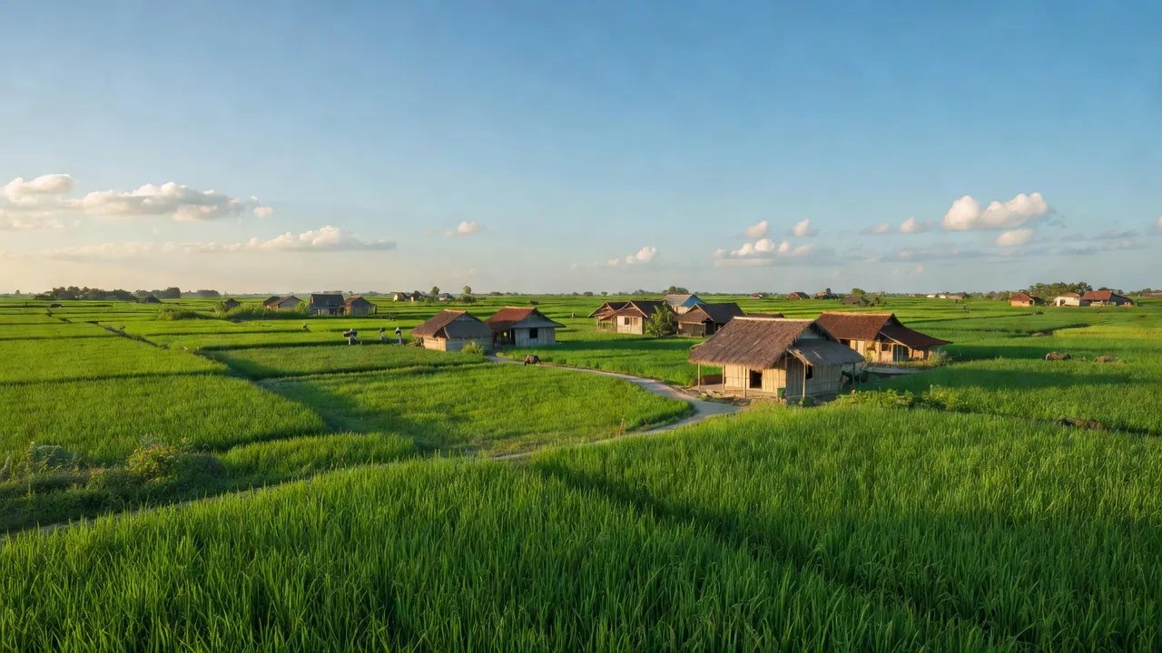 Quang cảnh huyện Phú Hoà, tỉnh Phú Yên với đồng ruộng xanh mướt và nhà truyền thống.