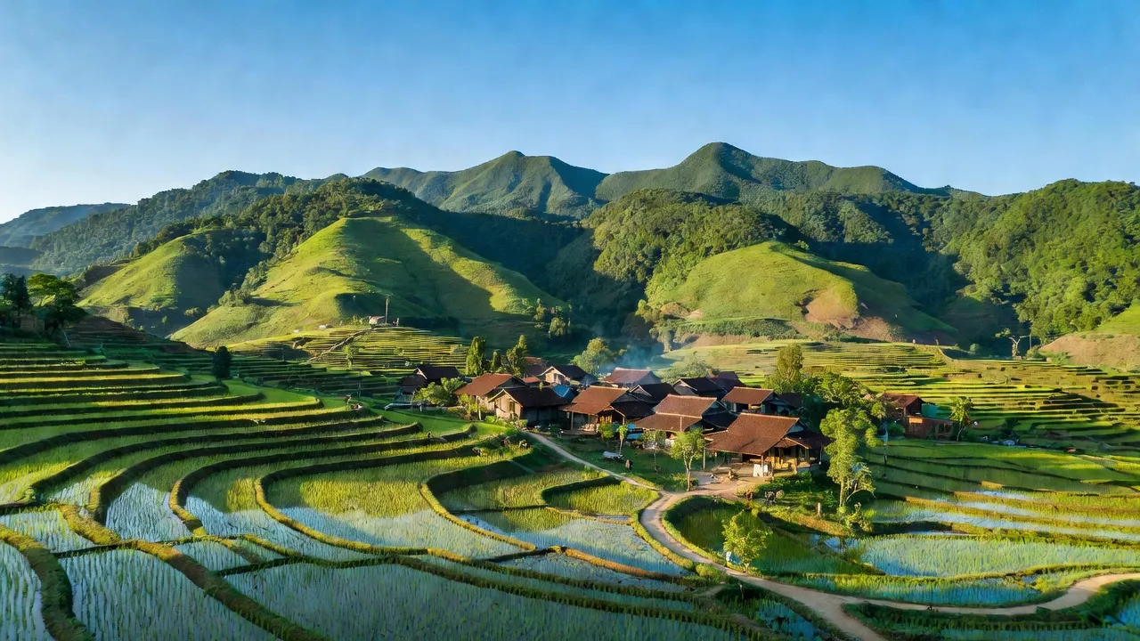 Cảnh quan huyện Sơn Hòa, tỉnh Phú Yên với núi rừng xanh tươi và nhà truyền thống.