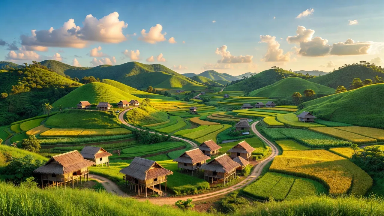 Khung cảnh huyện Sơn Hòa, Phú Yên với đồi xanh, nhà sàn và bầu trời xanh sáng.