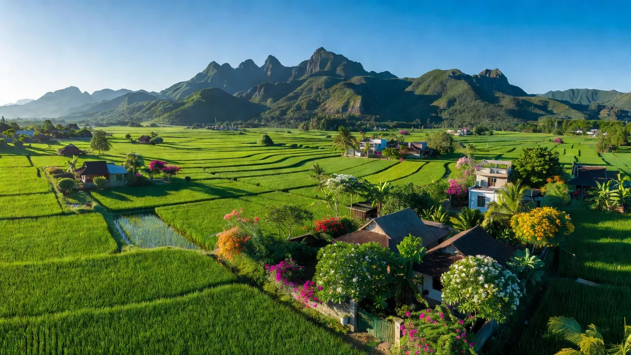 Cảnh đẹp huyện Tây Hoà, Phú Yên với cánh đồng xanh, núi non và nhà cửa dân cư.