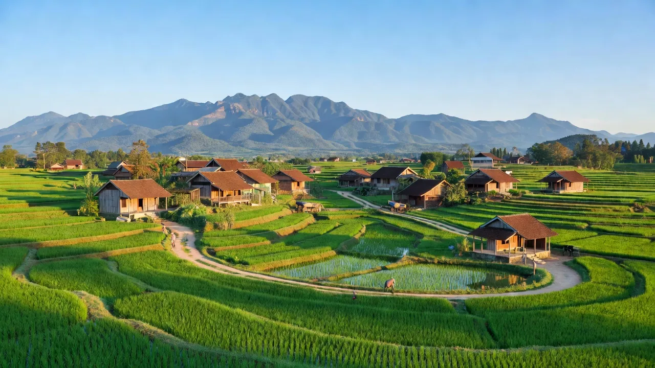Khung cảnh huyện Tây Hoà, Phú Yên với đồng xanh và nhà truyền thống Việt Nam.