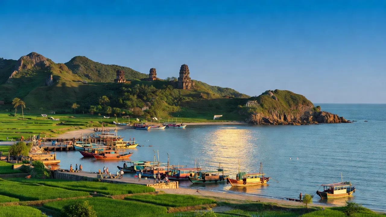 Cảnh đẹp huyện Tuy An, Phú Yên, với bãi biển, cảng cá và di tích lịch sử nổi bật.