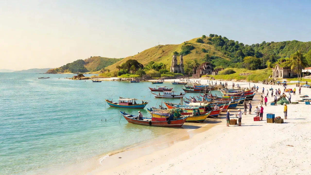 Huyện Tuy An, Phú Yên với bãi biển, cảng cá và di tích lịch sử dưới ánh nắng rực rỡ.