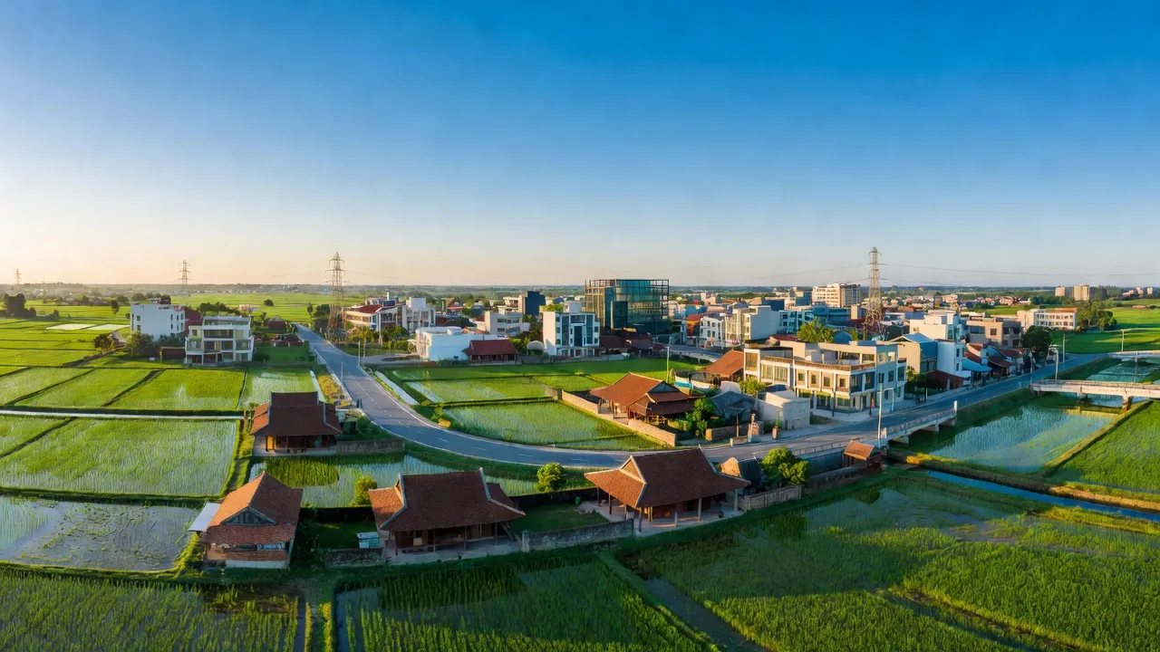 Thị xã Ba Đồn, Quảng Bình với cảnh đẹp hòa quyện giữa đô thị và nông thôn, bầu trời xanh.