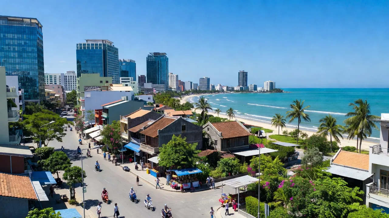 Khung cảnh phố phường Thành Phố Đồng Hới, Quảng Bình với bờ biển và kiến trúc hiện đại.