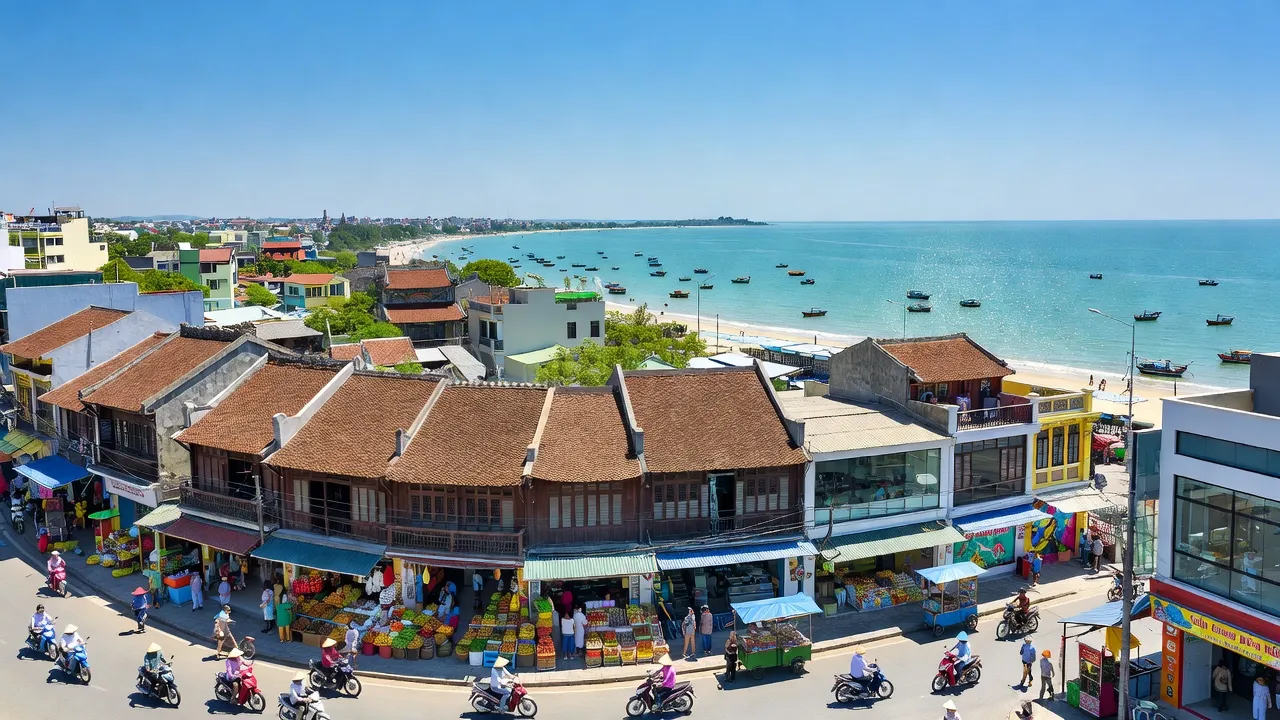 Khung cảnh thành phố Đồng Hới, tỉnh Quảng Bình, với biển xanh và kiến trúc truyền thống.