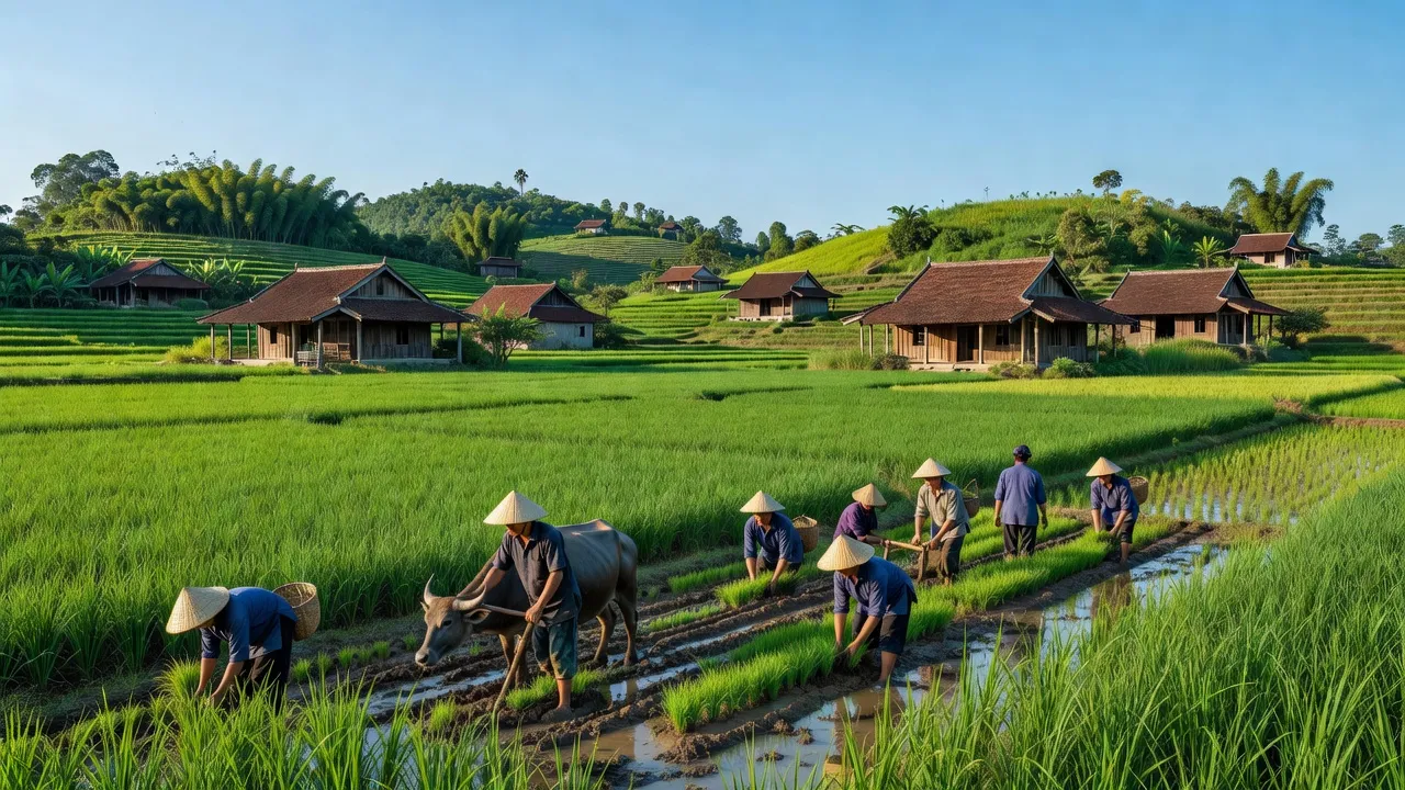 Cảnh đẹp huyện Lệ Thủy, Quảng Bình với đồng ruộng xanh, nhà truyền thống và bầu trời xanh.
