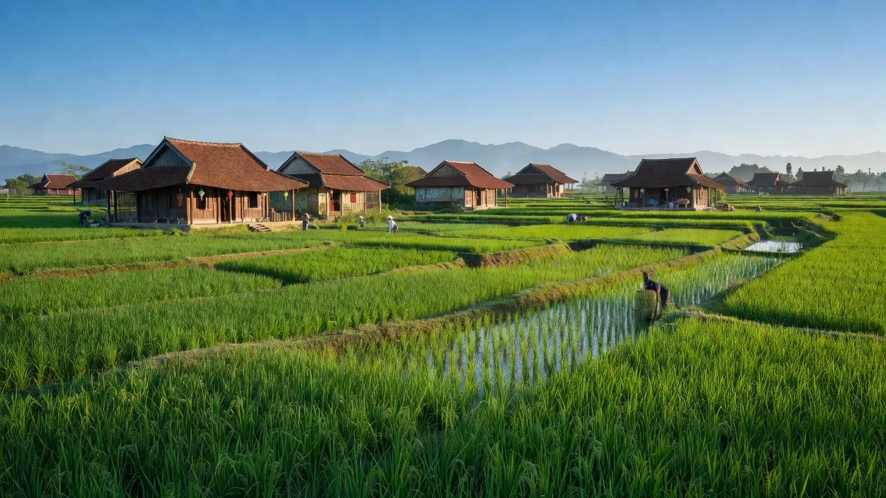 Quang cảnh huyện Lệ Thủy, Quảng Bình với cánh đồng xanh và kiến trúc truyền thống Việt Nam.