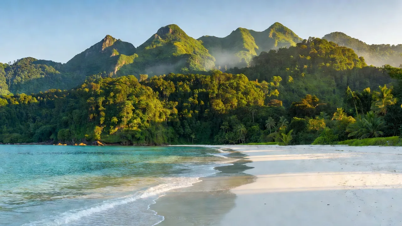 Khung cảnh Huyện Quảng Ninh, Quảng Bình với núi rừng, biển cả, và đồng bằng xanh tươi.