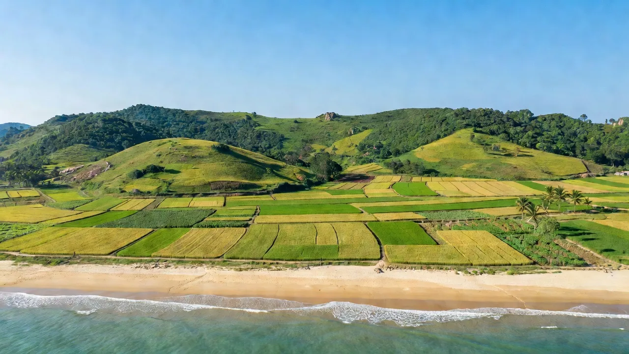 Cảnh đẹp huyện Quảng Trạch, Quảng Bình với bờ biển, đồi núi và cánh đồng màu xanh.