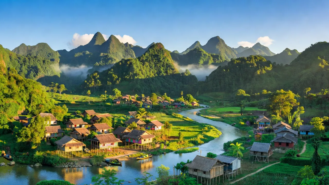 Cảnh quan huyện Tuyên Hóa tỉnh Quảng Bình với núi rừng xanh tươi và những ngôi làng truyền thống.