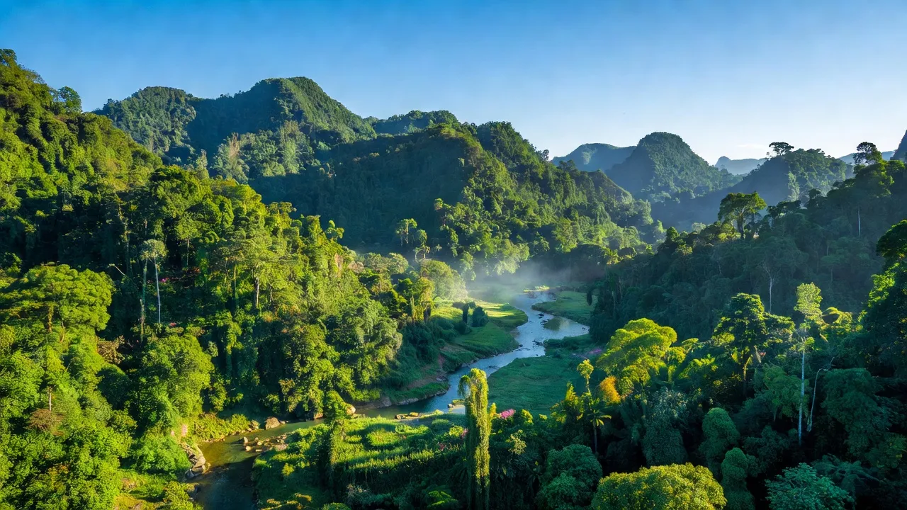 Cảnh thiên nhiên huyện Tuyên Hóa, Quảng Bình với núi, rừng và sông suối xanh tươi.