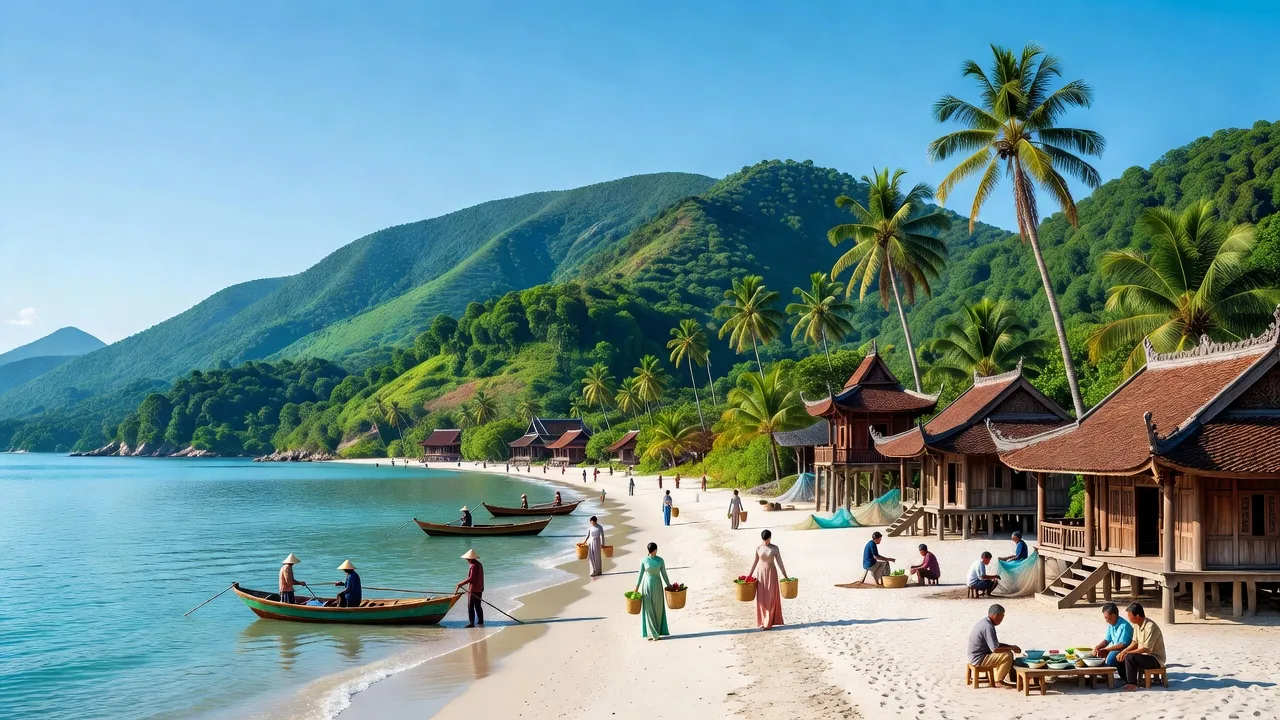 Khung cảnh Quảng Bình với bãi biển đẹp, núi xanh, và kiến trúc văn hóa đặc trưng.