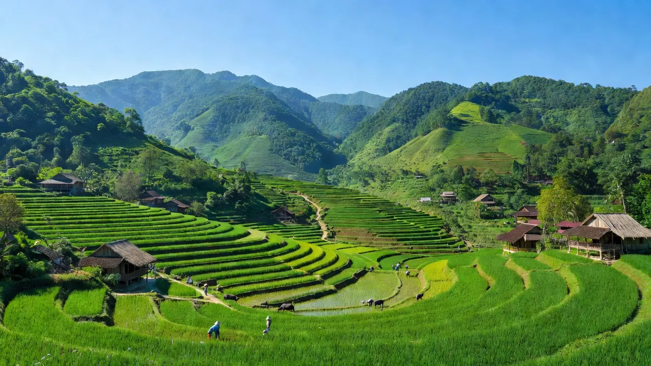Cảnh quan huyện Bắc Trà My, Quảng Nam với núi non xanh, cánh đồng và nhà truyền thống.