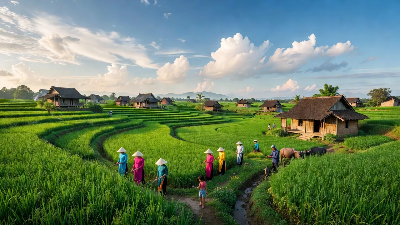 Cảnh đồng quê huyện Đại Lộc, tỉnh Quảng Nam với cánh đồng xanh, nhà truyền thống và bầu trời trong xanh.