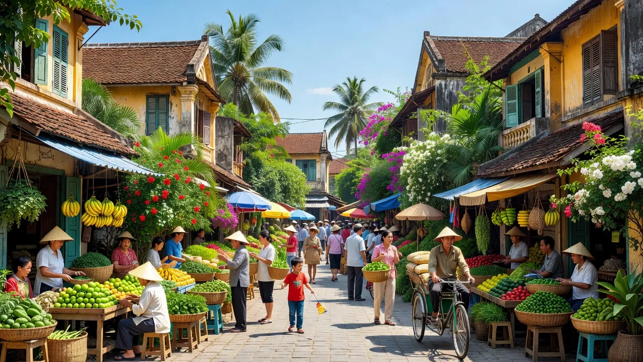 Quang cảnh thị xã Điện Bàn, Quảng Nam với kiến trúc và cuộc sống sinh hoạt hàng ngày.