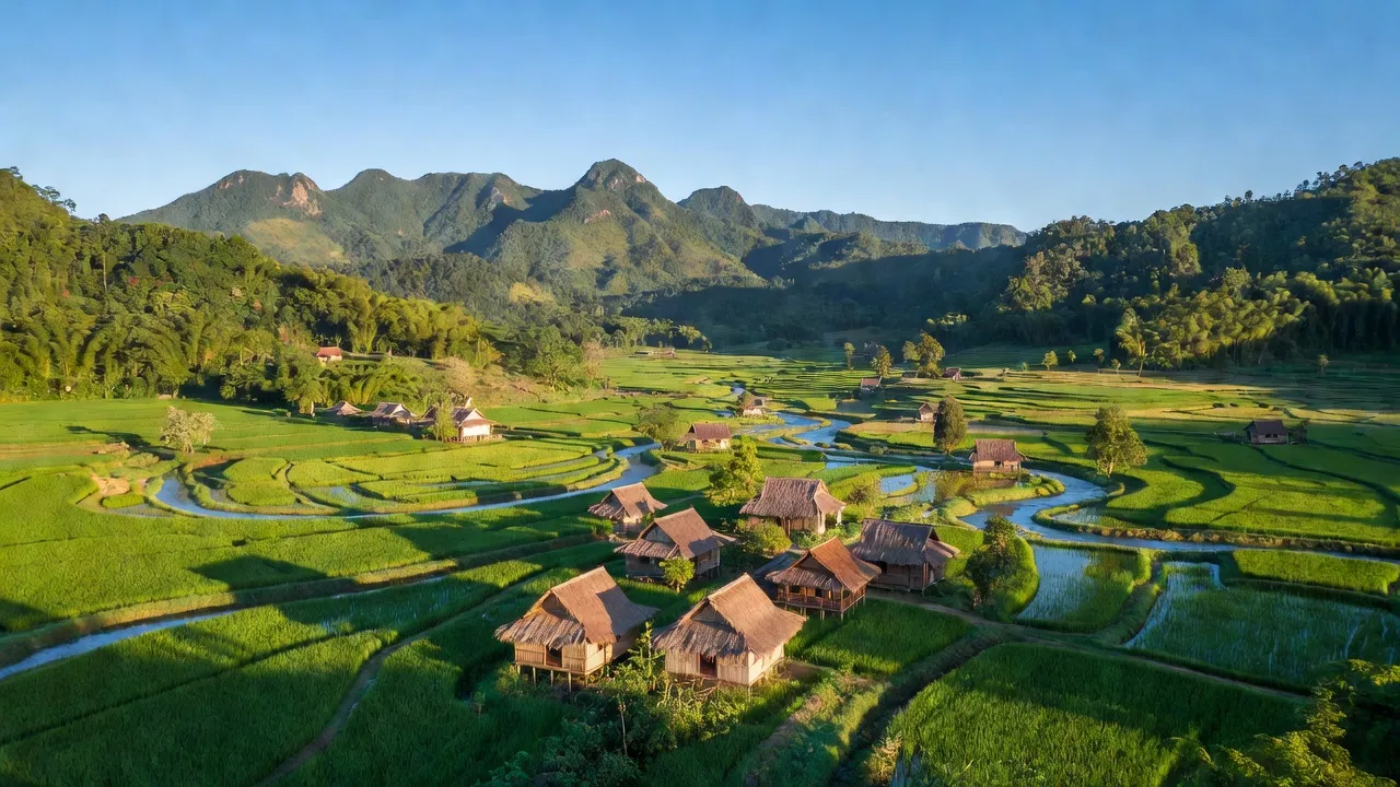Cảnh đẹp huyện Đông Giang, Quảng Nam với đồi núi xanh mát và thung lũng yên bình.