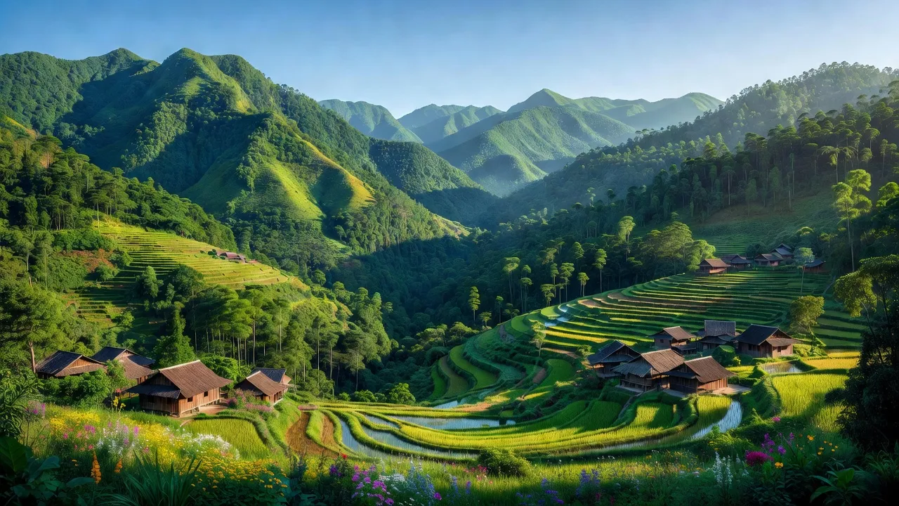 Cảnh quan huyện Đông Giang, tỉnh Quảng Nam với núi non xanh tươi và thung lũng nông nghiệp.