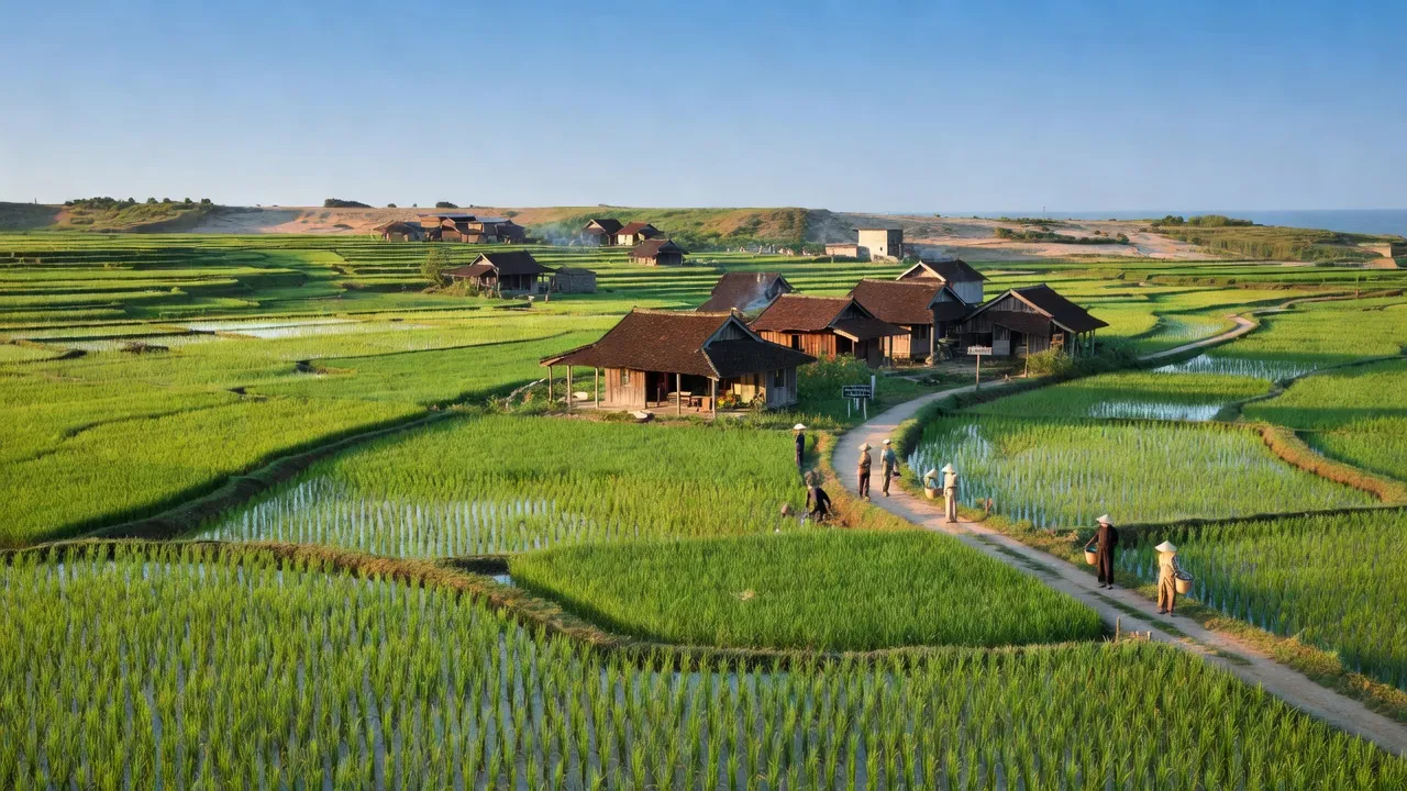 Cảnh quan huyện Duy Xuyên, Quảng Nam với cánh đồng lúa và nhà truyền thống, thể hiện vẻ đẹp nông thôn.