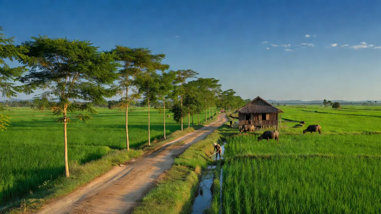 Khung cảnh Duy Xuyên, Quảng Nam với cánh đồng xanh và bầu trời trong trẻo