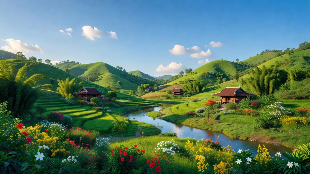 Khung cảnh huyện Hiệp Đức, Quảng Nam với đồi núi, sông và nhà truyền thống, thể hiện vẻ đẹp tự nhiên.