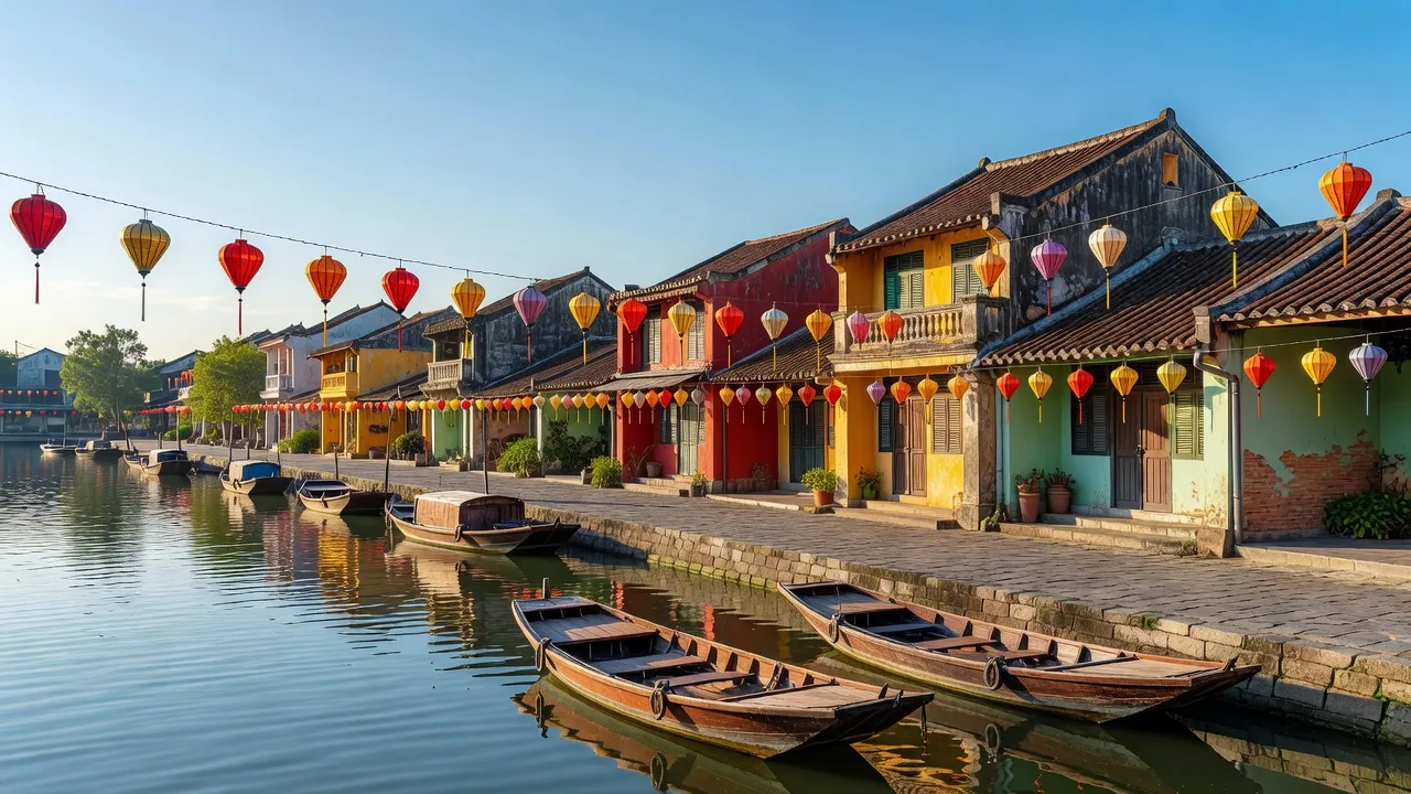 Phong cảnh cổ kính thành phố Hội An, tỉnh Quảng Nam với kiến trúc và đèn lồng rực rỡ.
