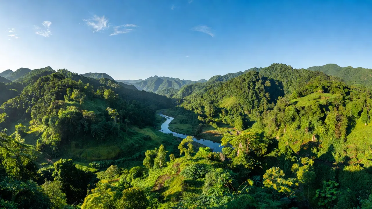 Khung cảnh thiên nhiên huyện Nam Giang, Quảng Nam, với rừng núi xanh tươi, biểu tượng sinh thái.