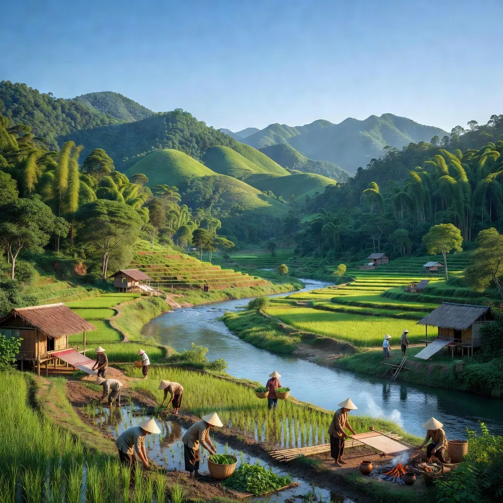 Quang Nam, huyện Nam Giang với cảnh quan núi non, rừng xanh và cuộc sống làng quê sinh động.