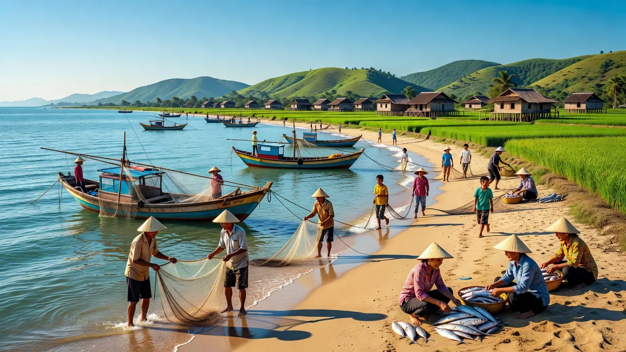 Khung cảnh huyện Núi Thành, Quảng Nam với hoạt động đánh bắt thủy hải sản và cảnh sắc ven biển.