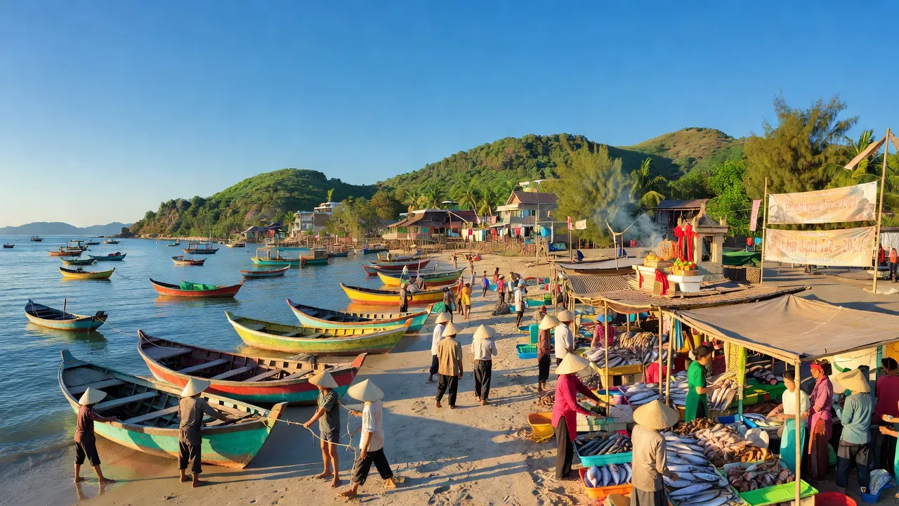 Khung cảnh huyện Núi Thành, Quảng Nam với hoạt động đánh bắt thủy sản và thiên nhiên tươi đẹp.