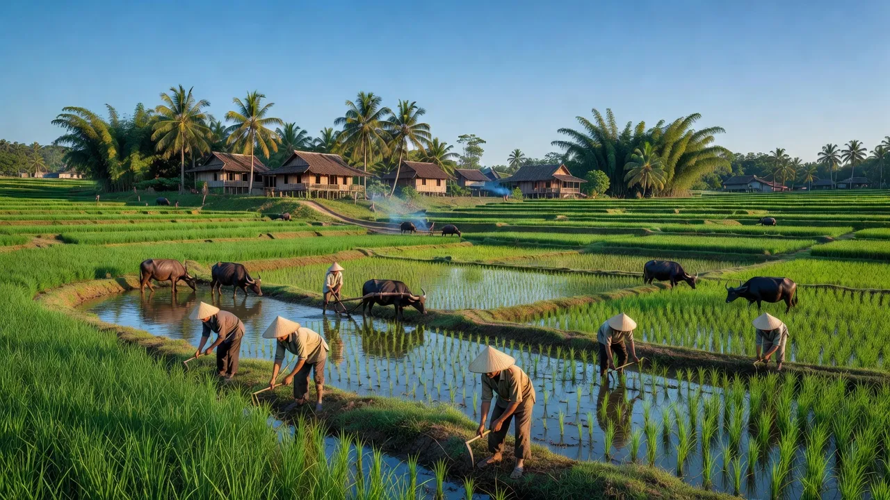 Cánh đồng xanh và cảnh sống ở huyện Phú Ninh, tỉnh Quảng Nam, Việt Nam, nét đẹp nông thôn.