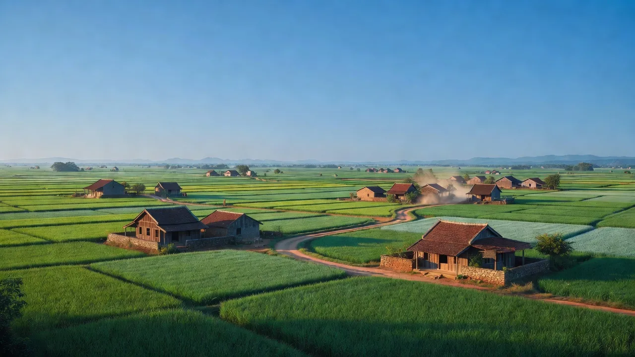 Cảnh quan Huyện Phú Ninh, Quảng Nam với đồng xanh và nhà truyền thống, môi trường nông thôn yên bình.