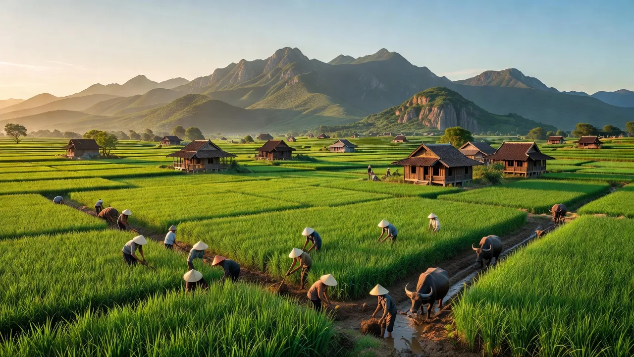 Cảnh đẹp huyện Quế Sơn, Quảng Nam với ruộng lúa xanh, núi non và nông dân chăm sóc cây trồng.