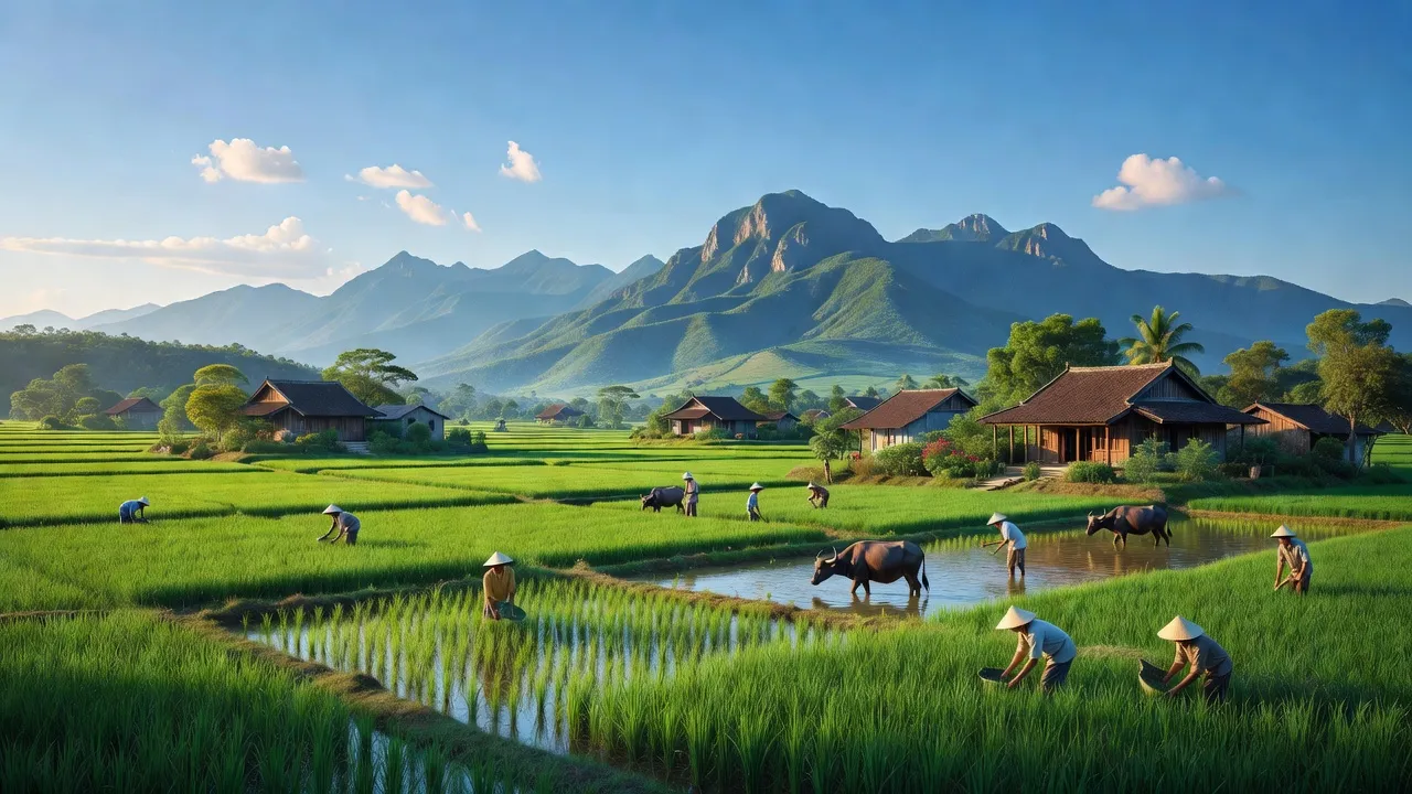 Phong cảnh huyện Quế Sơn, Quảng Nam với cánh đồng xanh, núi và bầu trời trong xanh.
