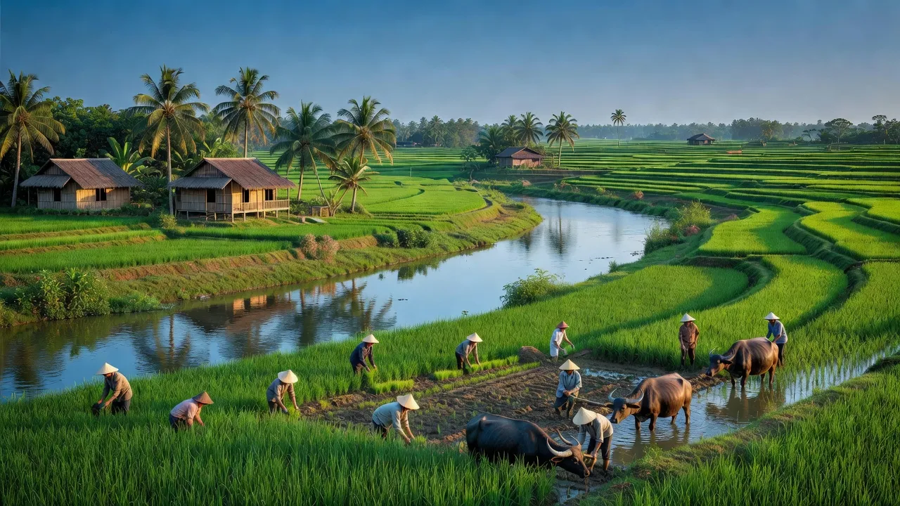 Cảnh đồng lúa Thăng Bình, Quảng Nam với nông thôn và hoạt động sản xuất nông nghiệp.