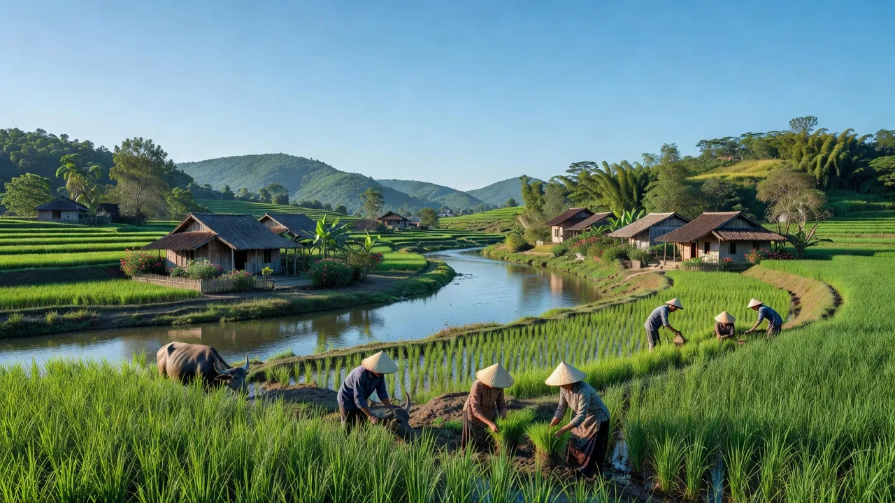 Khung cảnh huyện Thăng Bình, Quảng Nam với cánh đồng xanh tươi và nhà dân tộc truyền thống.