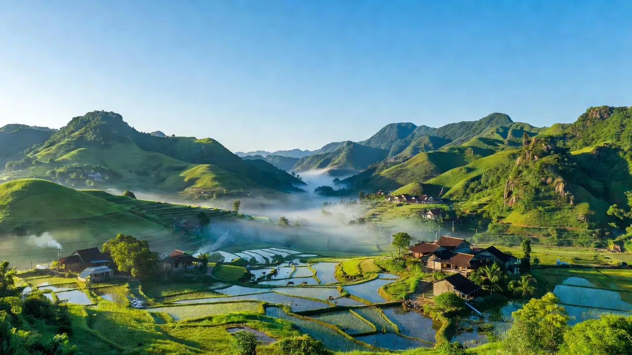 Cảnh quan tuyệt đẹp huyện Tiên Phước, Quảng Nam với đồi núi, thung lũng xanh mướt, và nông nghiệp.