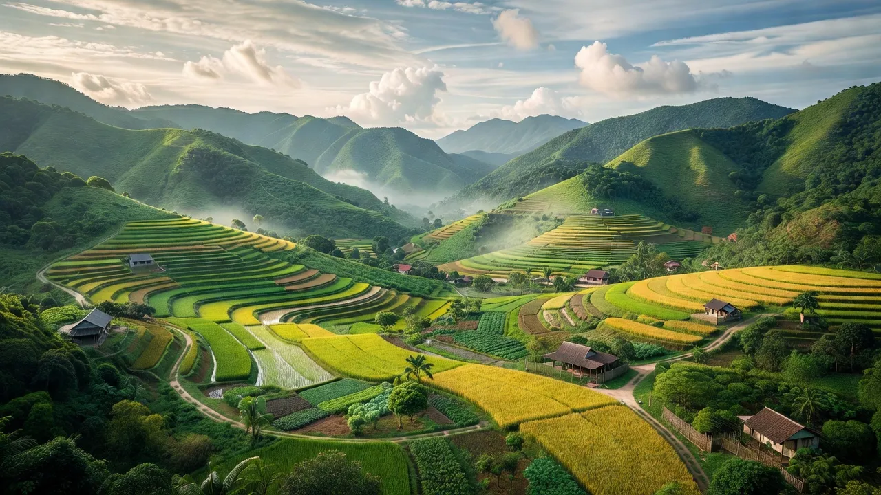 Khung cảnh huyện Tiên Phước, Quảng Nam với núi, thung lũng và nông nghiệp xanh tươi.