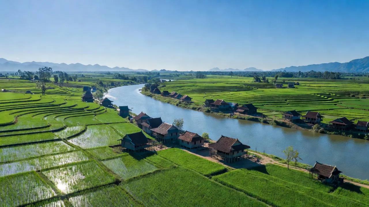 Cảnh quan tỉnh Quảng Nam với ruộng bậc thang, làng cổ và dòng sông Thu Bồn, Việt Nam.