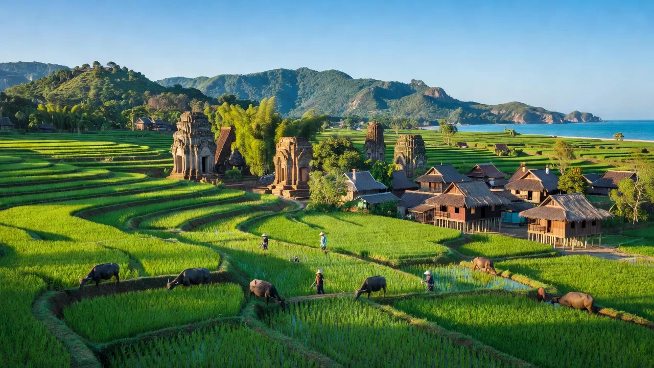 Quảng Nam, Việt Nam với cánh đồng xanh tươi và kiến trúc truyền thống, phong cảnh đẹp.