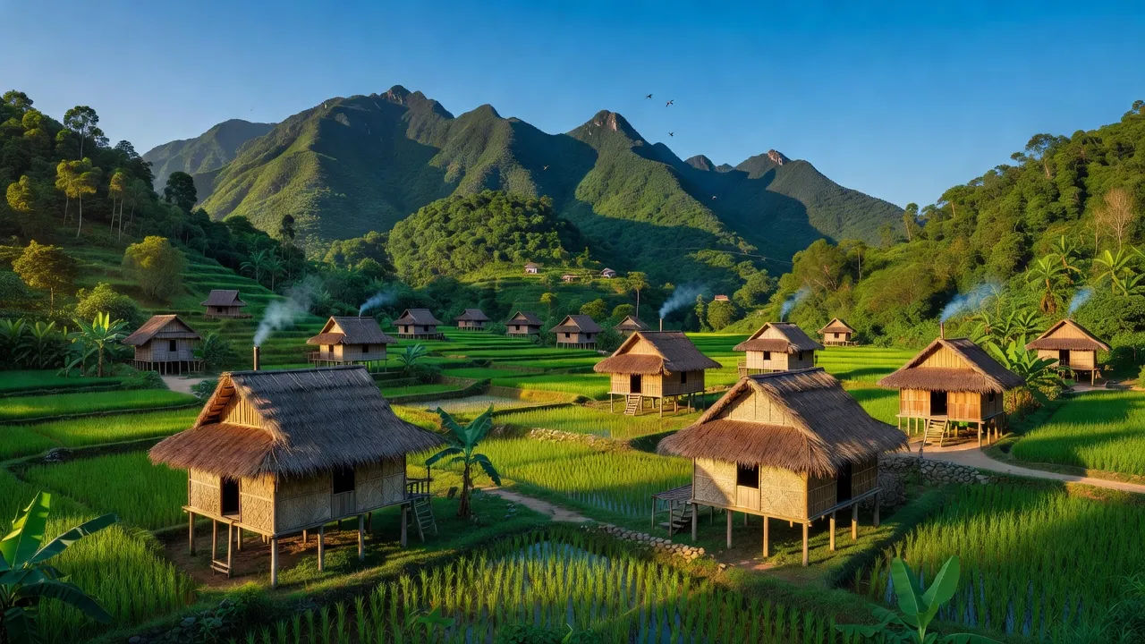 Khung cảnh huyện Ba Tơ, Quảng Ngãi, núi non xanh tươi và nhà ở người Hrê, miền núi.