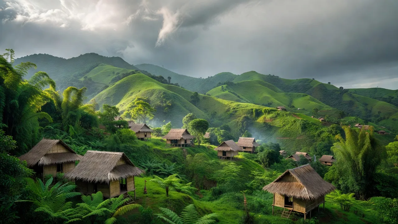 Khung cảnh huyện Ba Tơ, Quảng Ngãi với núi non xanh tươi và nhà truyền thống của người Hrê.