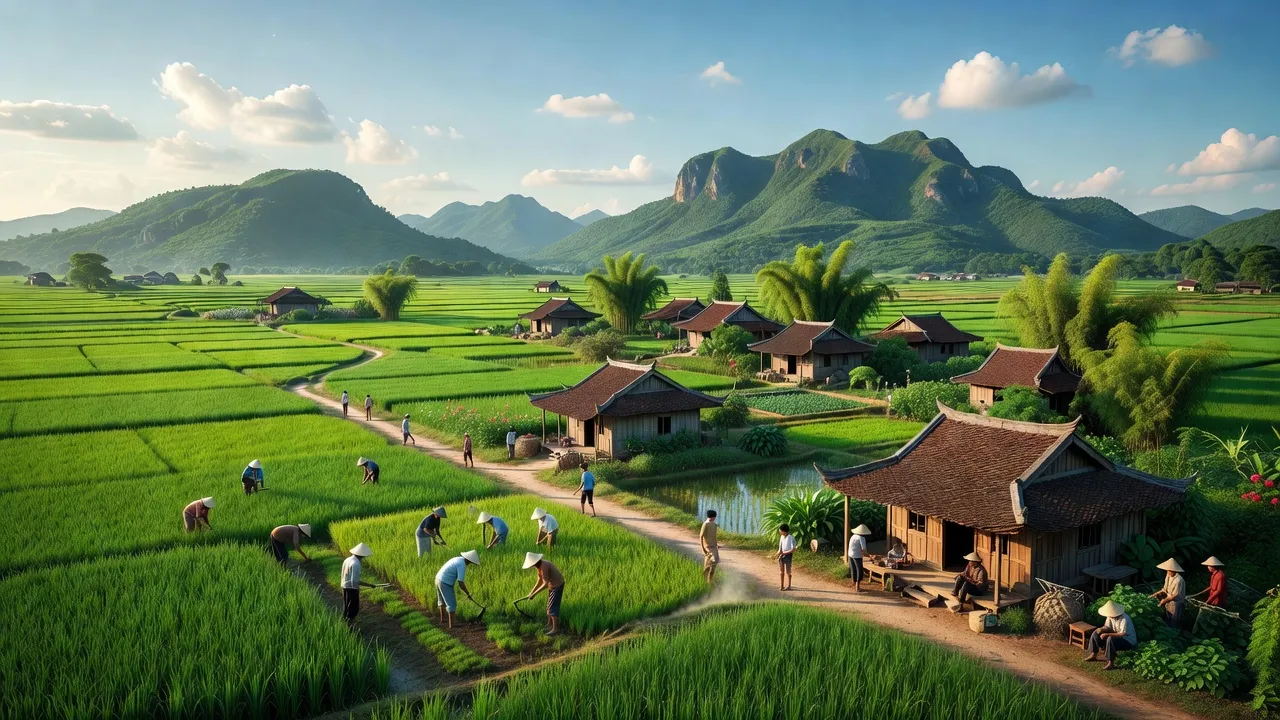 Cảnh quan huyện Bình Sơn, Quảng Ngãi với cánh đồng xanh và hoạt động của người dân địa phương.