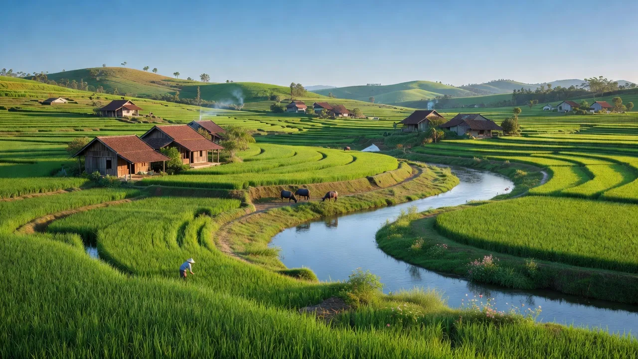 Khung cảnh tuyệt đẹp huyện Bình Sơn, Quảng Ngãi, với cánh đồng xanh và nhà truyền thống.