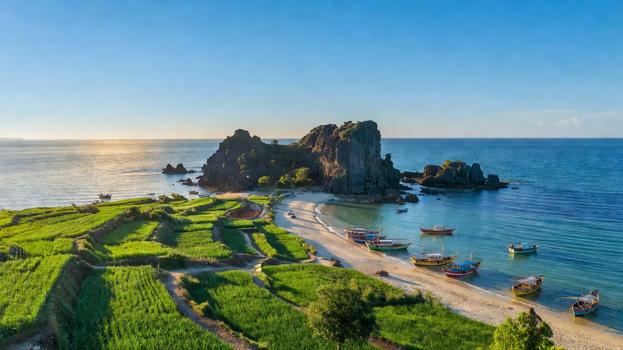 Khung cảnh đẹp của Huyện Lý Sơn, biển xanh và thuyền đánh cá truyền thống, Quảng Ngãi.
