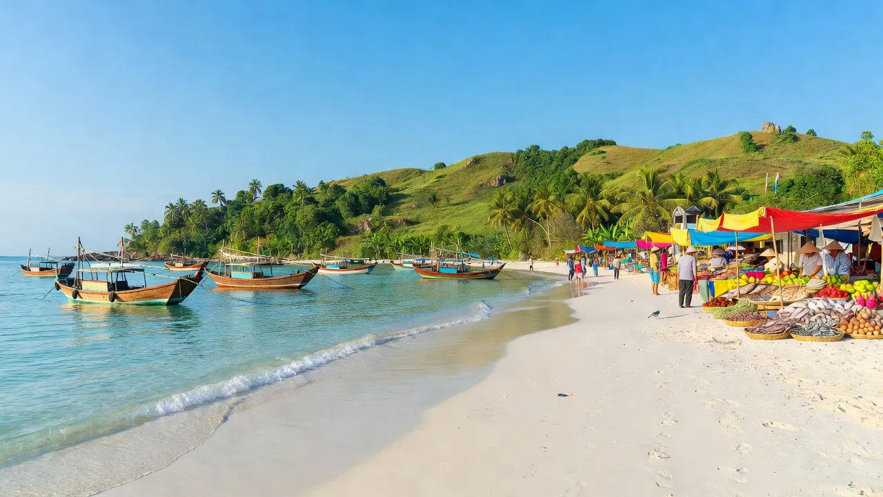 Khung cảnh huyện Lý Sơn, tỉnh Quảng Ngãi với bãi biển và núi xanh, văn hóa địa phương phong phú.