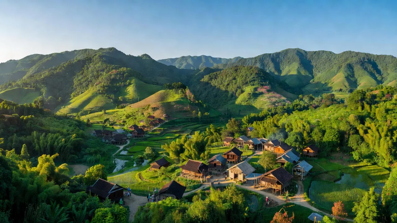 Cảnh quan huyện Minh Long, Quảng Ngãi với núi non xanh tươi và bầu không khí trong lành.