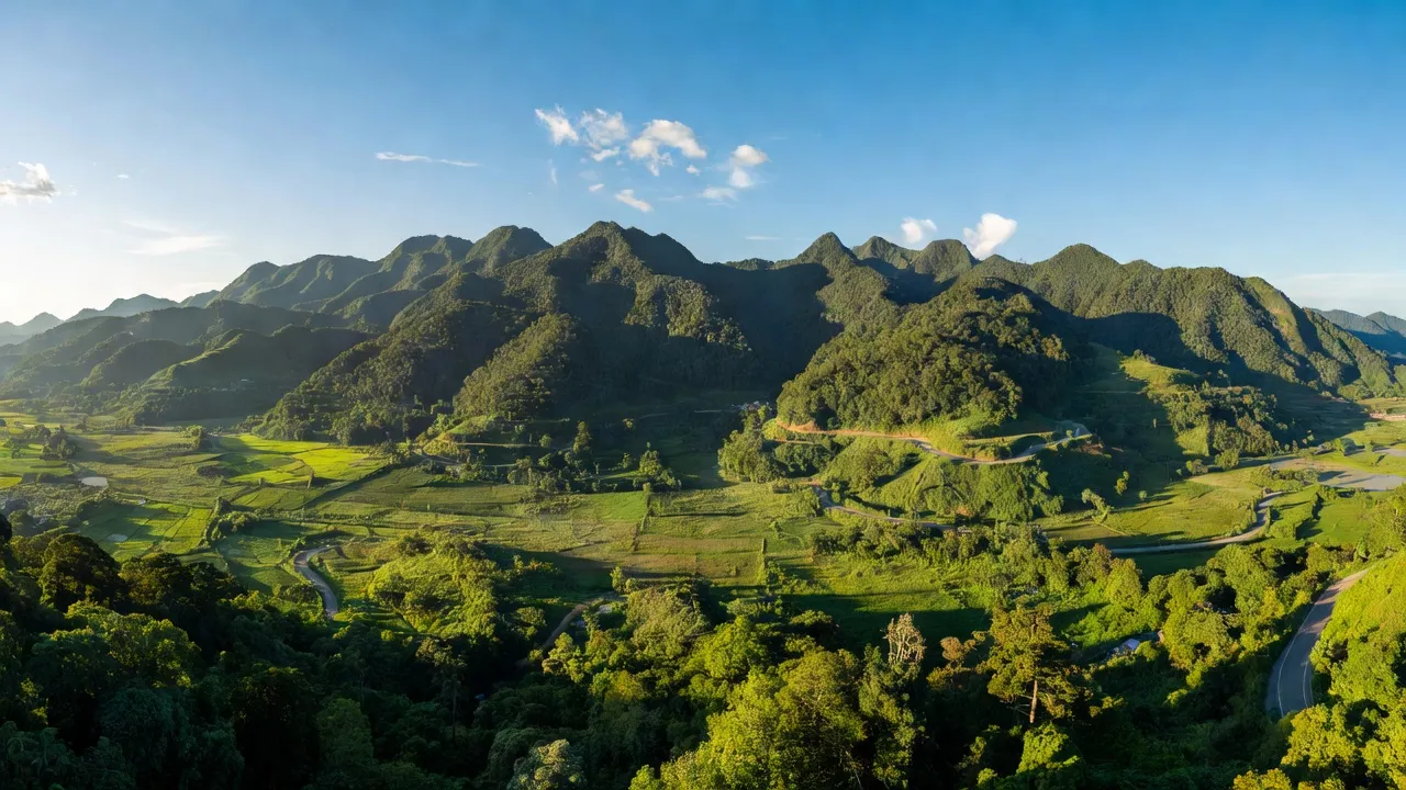 Khung cảnh huyện Minh Long, Quảng Ngãi với núi non, rừng nguyên sinh và thung lũng rộng.