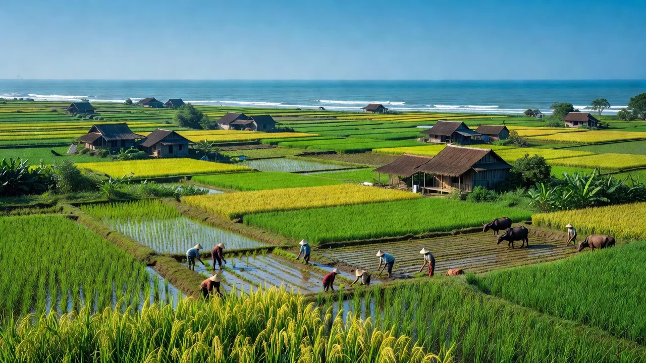 Cảnh đẹp huyện Mộ Đức, Quảng Ngãi với cánh đồng lúa xanh và bầu trời trong veo.