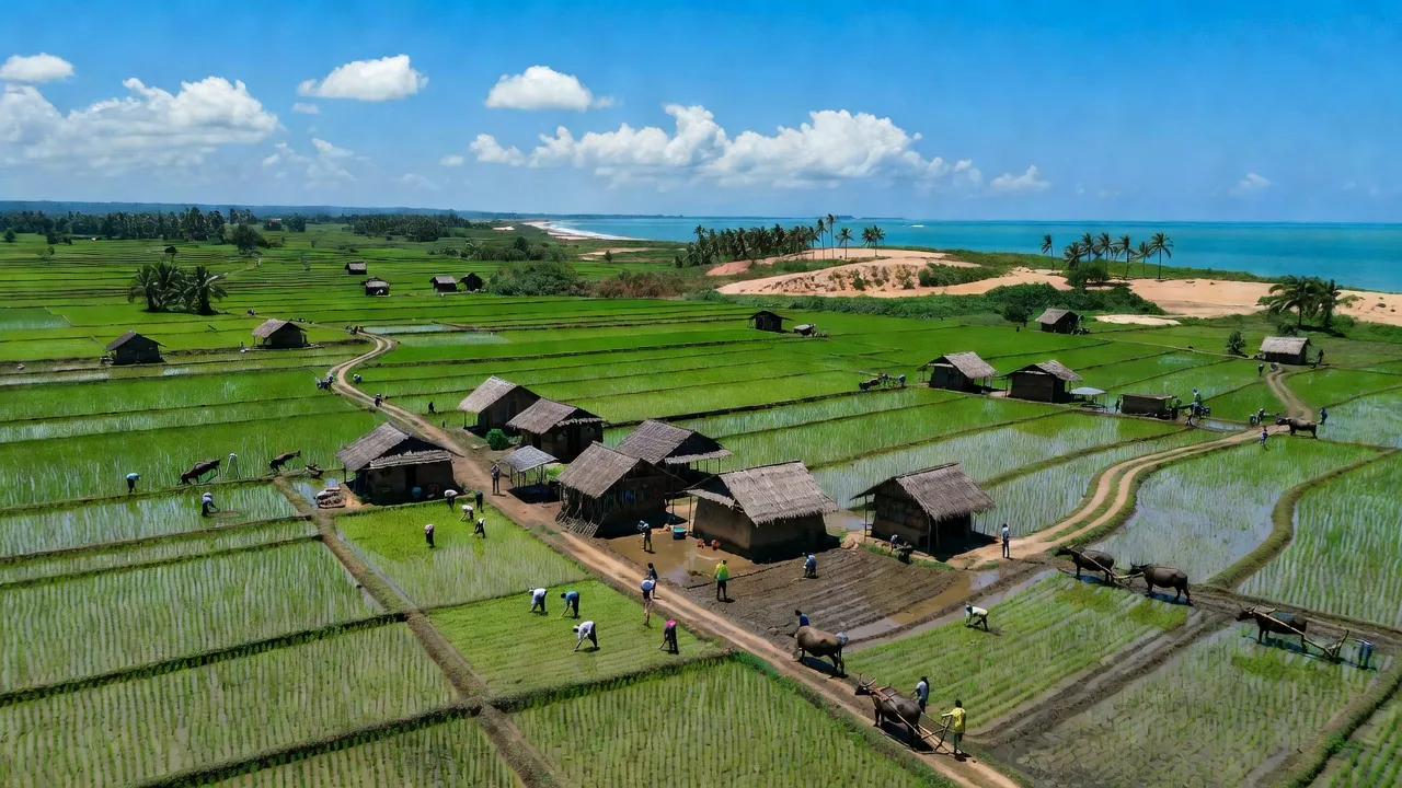 Cánh đồng lúa Mộ Đức, Quảng Ngãi với khung cảnh xanh tươi, bầu trời trong xanh, nét đẹp nông thôn.